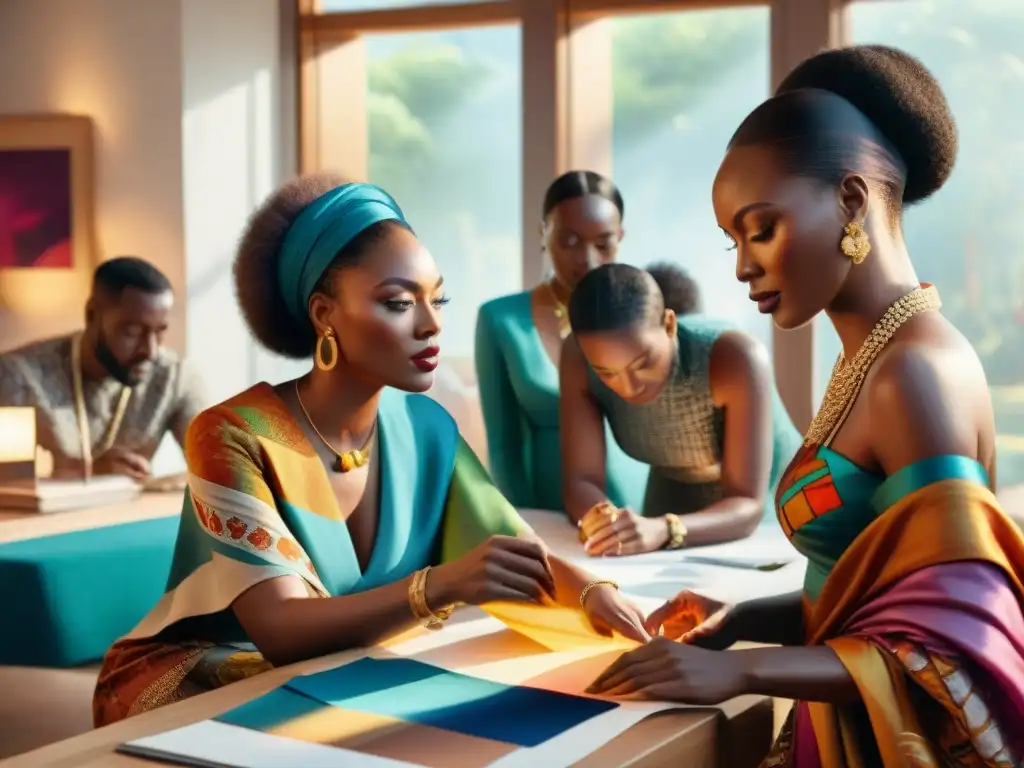 Un grupo de diseñadores de moda africanos en una atmósfera creativa y colaborativa