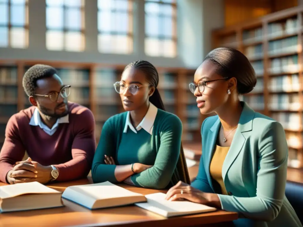 Grupo diverso de académicos africanos inmersos en una animada discusión en una biblioteca universitaria