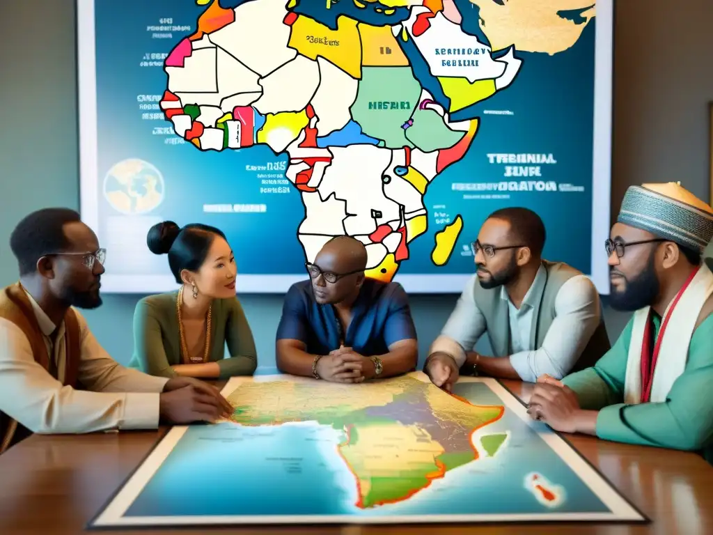 Un grupo diverso de académicos asiáticos y historiadores africanos discuten rodeados de artefactos antiguos de ambos continentes, con un mapa detallado de rutas comerciales históricas entre África y Asia y símbolos culturales vibrantes en el fondo