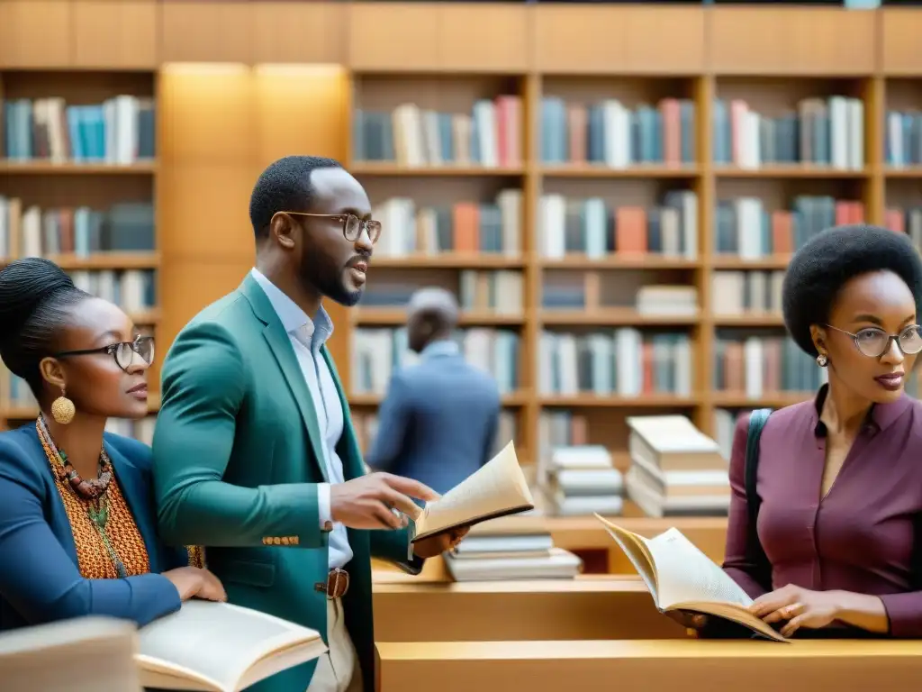 Grupo diverso de académicos discutiendo sobre estudios africanos en una biblioteca moderna llena de fuentes contemporáneas aprendizaje África