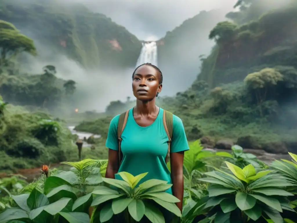 Un grupo diverso de activistas de diferentes edades de varios países africanos, plantando árboles y limpiando un río en un exuberante bosque verde