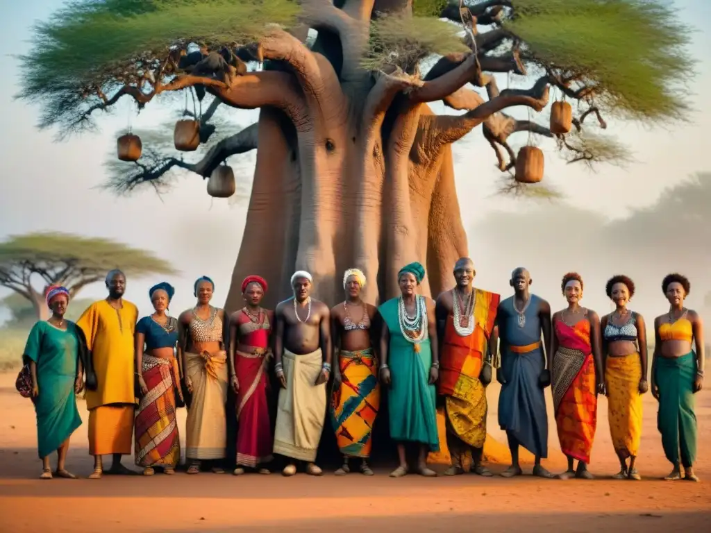 Un grupo diverso de africanos bailando bajo un baobab al atardecer