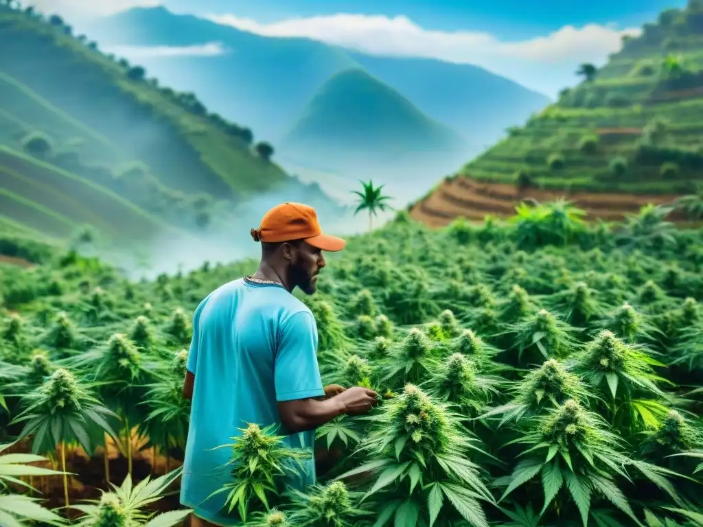 Un grupo diverso de africanos cuida plantas de cannabis en un campo exuberante bajo el sol brillante