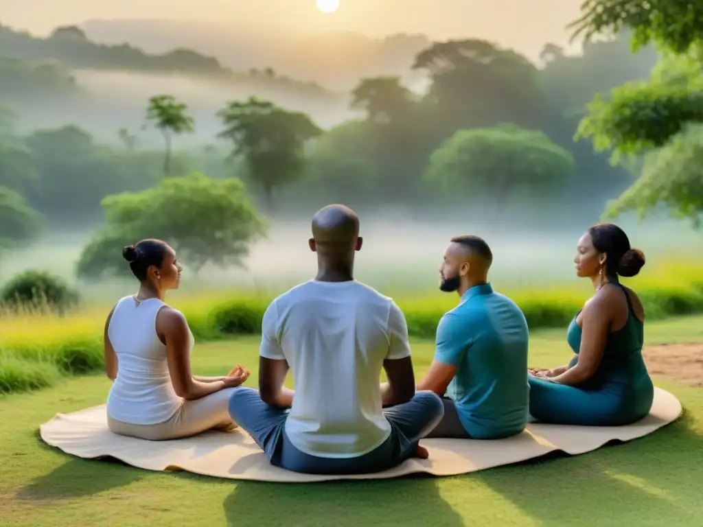 Grupo diverso practica mindfulness al aire libre con líder africano en entorno natural, Influencia africana en mindfulness