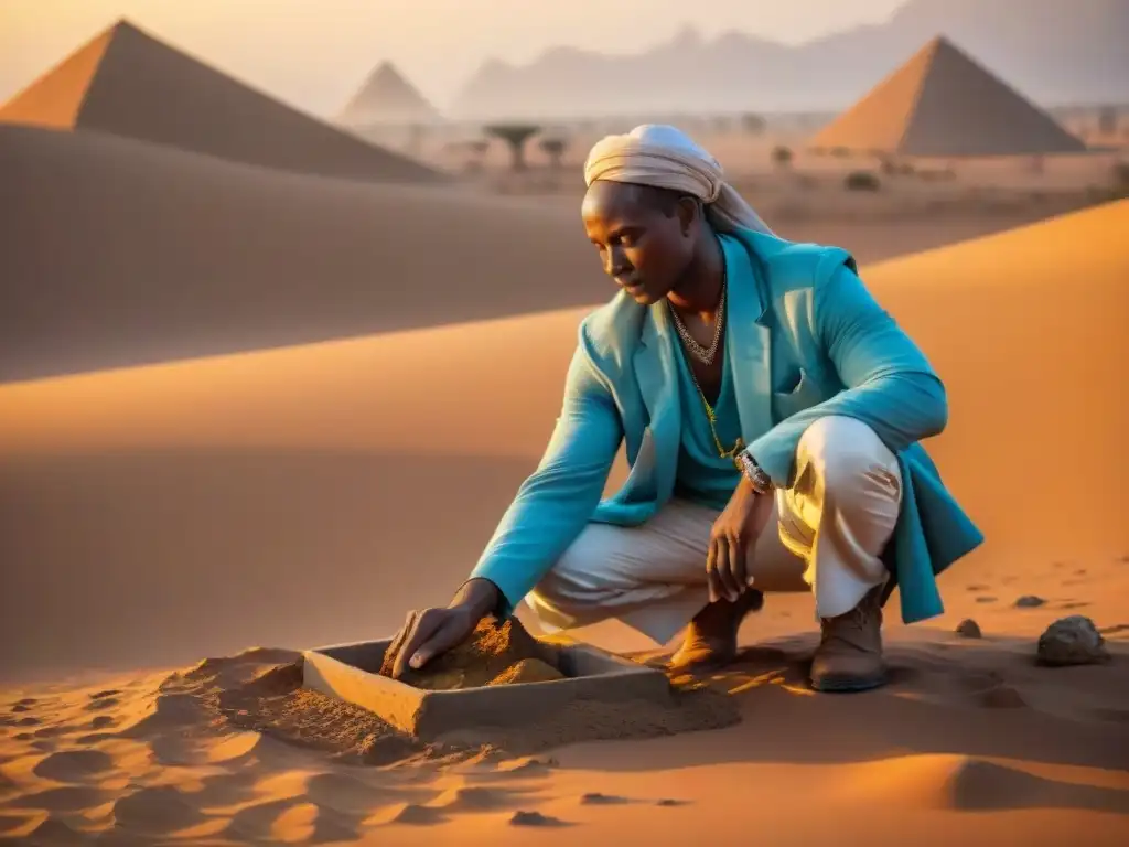 Un grupo diverso de arqueólogos excavando artefactos antiguos en el Sahel al atardecer, resaltando los orígenes antiguos civilizaciones africanas