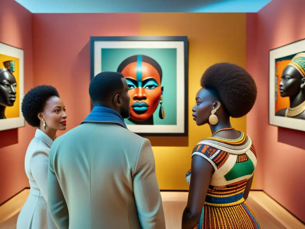 Grupo diverso admira arte africano en museo contemporáneo