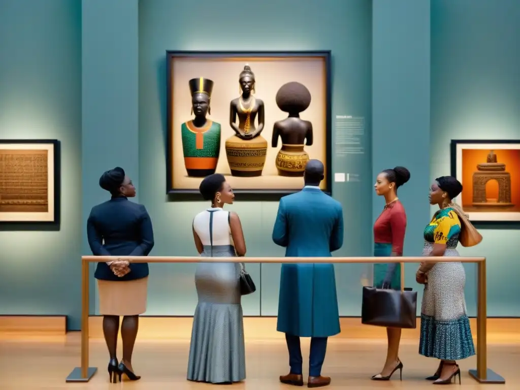 Un grupo diverso reflexiona sobre arte africano en el museo, destacando el colonialismo