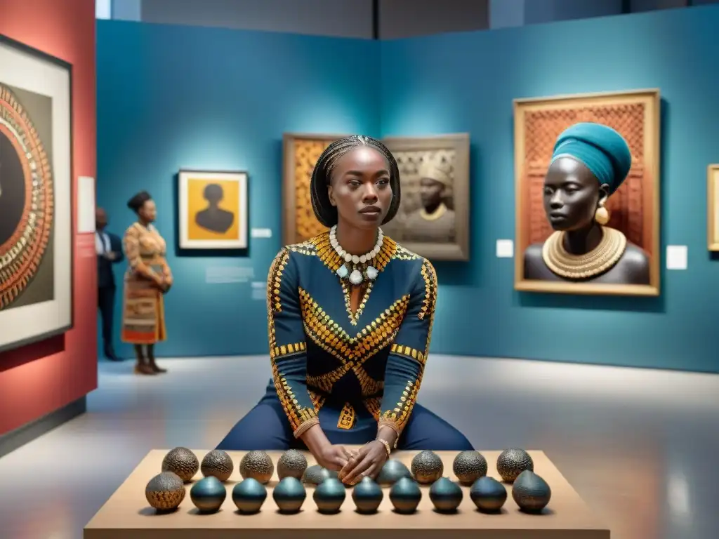 Grupo diverso examina arte africano en galería sofisticada, resaltando ética en adquirir arte africano moderna