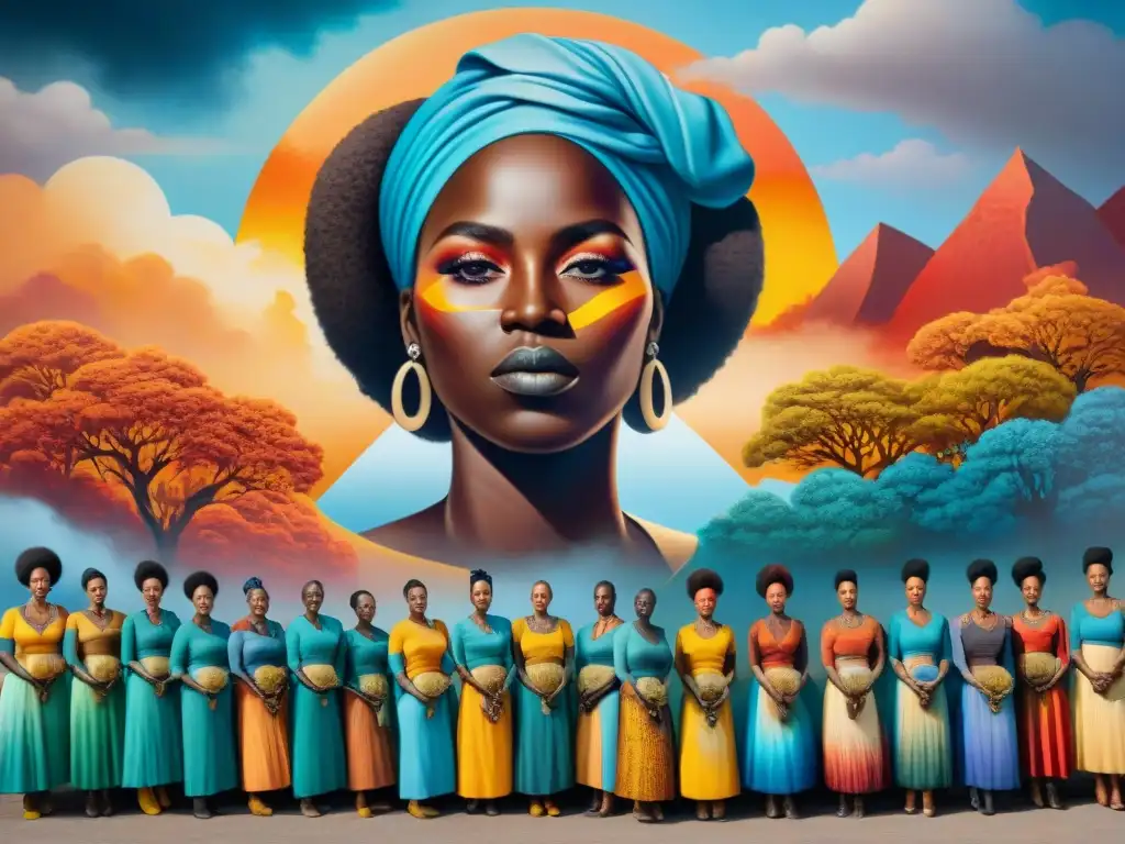 Un grupo diverso de artistas africanos colabora en un mural que simboliza paz y unidad, reflejando la rica tradición artística de África