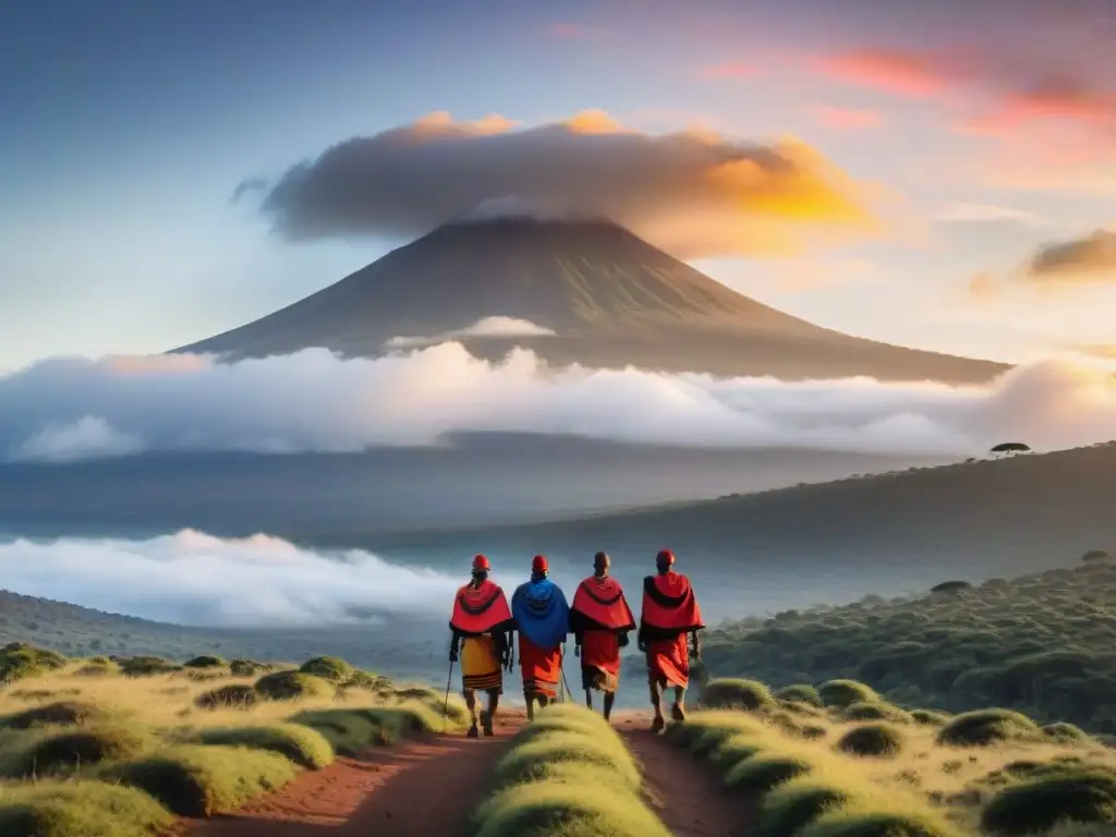 Guía Maasai lidera grupo diverso en ascenso al Kilimanjaro al amanecer, fusionando cultura y turismo en Aplicaciones turismo colaborativo África