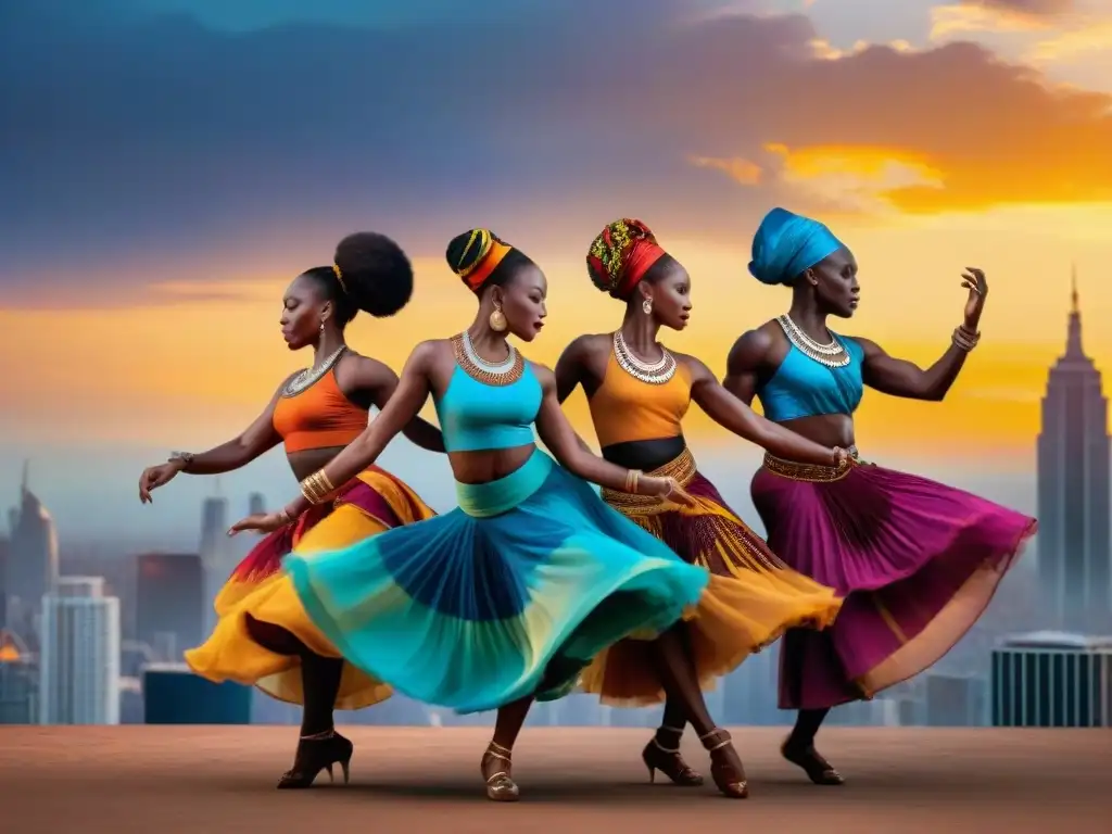 Grupo diverso de bailarines en atuendos africanos tradicionales realizando una rutina de danza vibrante frente al horizonte de una ciudad al atardecer