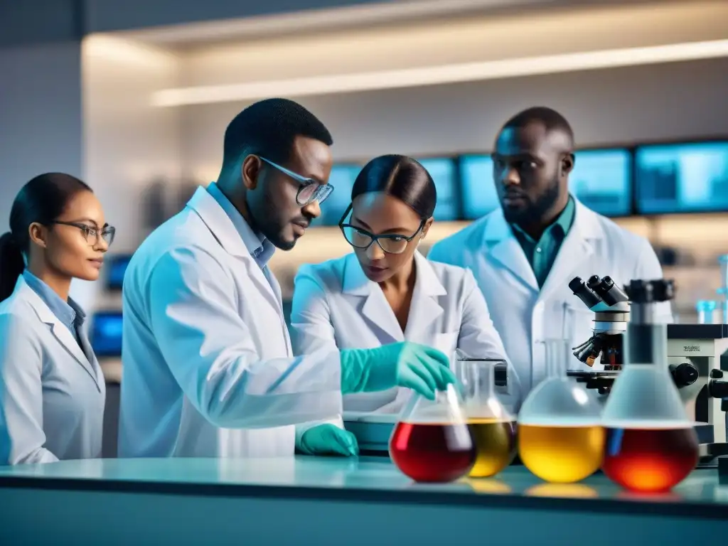 Un grupo diverso de científicos africanos colaborando en un laboratorio de investigación de última generación