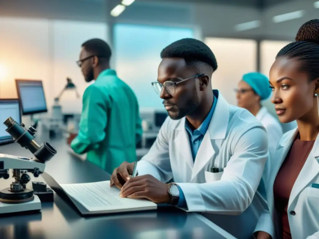 Un grupo diverso de científicos africanos trabajando juntos en un laboratorio de alta tecnología