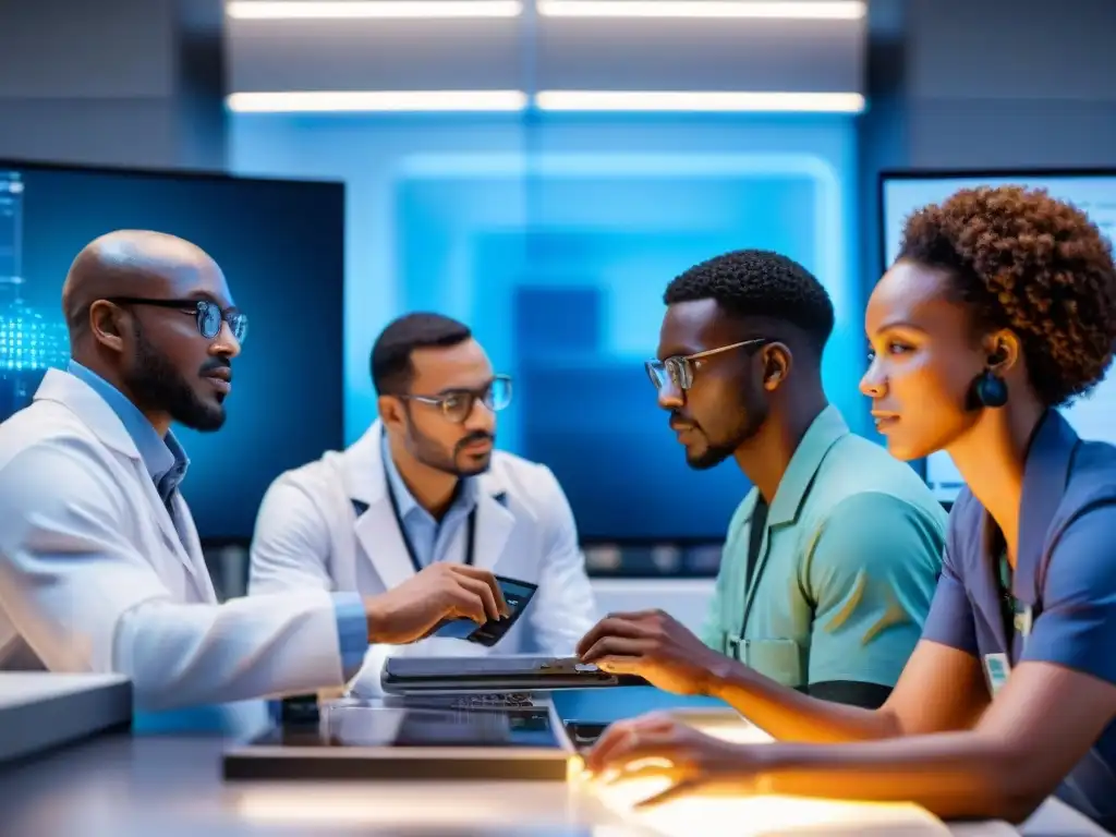 Grupo diverso de científicos y ingenieros africanos colaborando en innovaciones científicas y tecnológicas en un laboratorio de alta tecnología