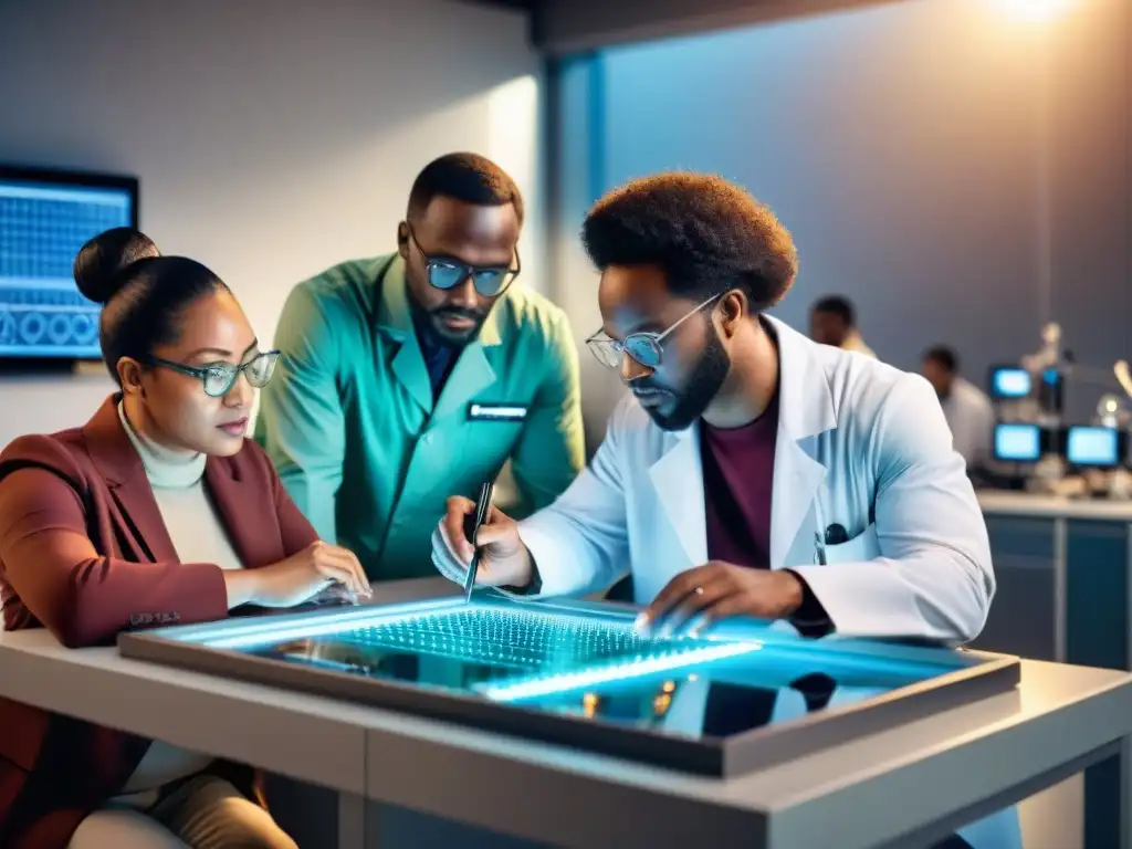 Un grupo diverso de científicos colabora en un laboratorio moderno, fusionando mitología africana y ciencia moderna