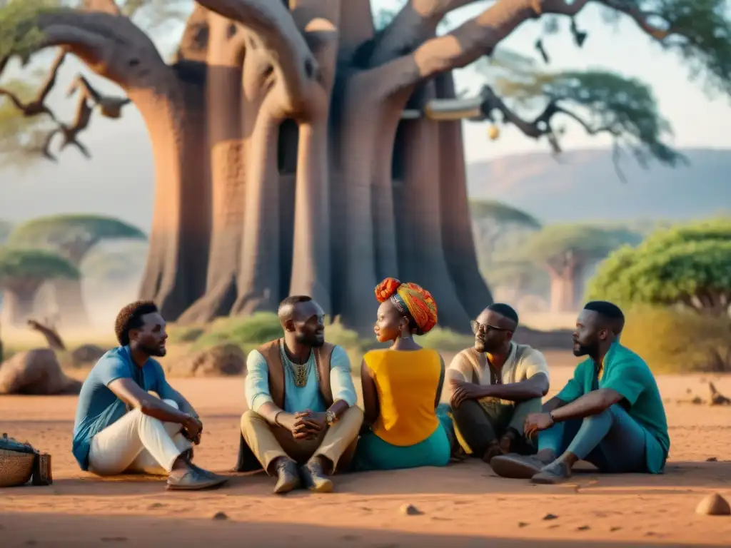 Un grupo diverso de cineastas africanos se reúne bajo un baobab, debatiendo ideas para su próxima película