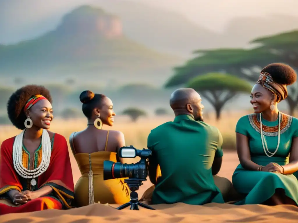 Un grupo diverso de cineastas africanos colaborando en un set vibrante, reflejando la esencia del cine africano y sus narrativas auténticas