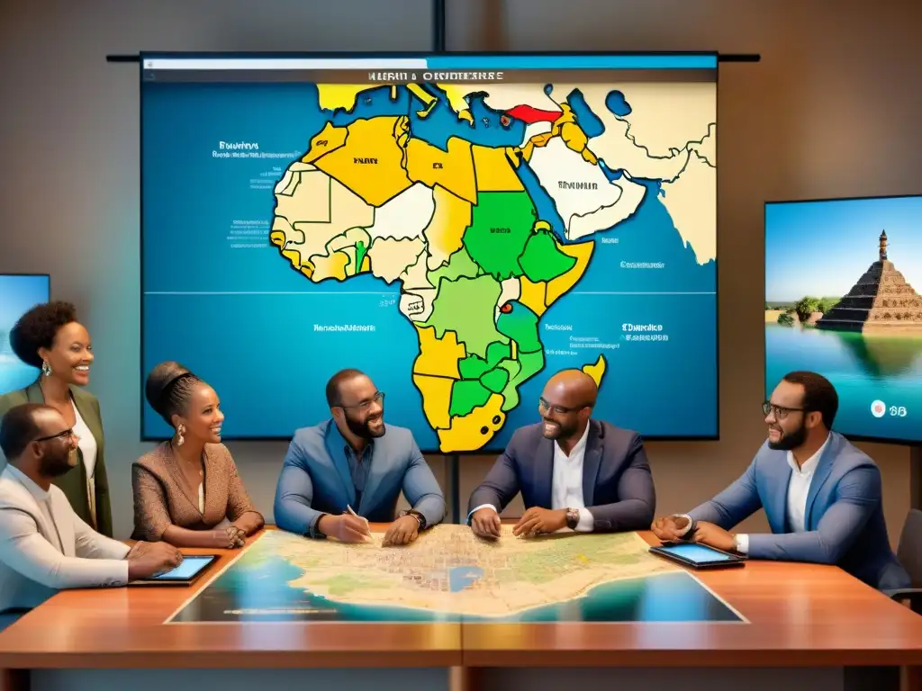 Un grupo diverso explora civilizaciones africanas en un mapa interactivo