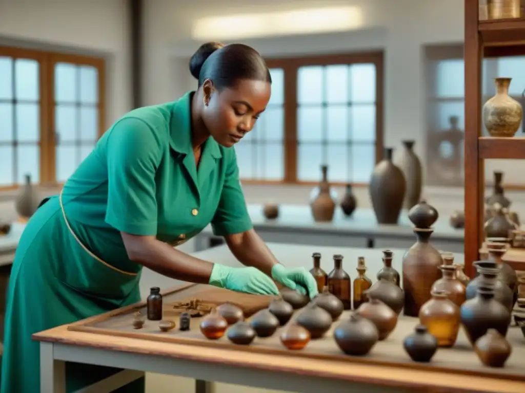 Grupo diverso de conservacionistas africanos restaurando artefactos antiguos en laboratorio organizado y bien iluminado