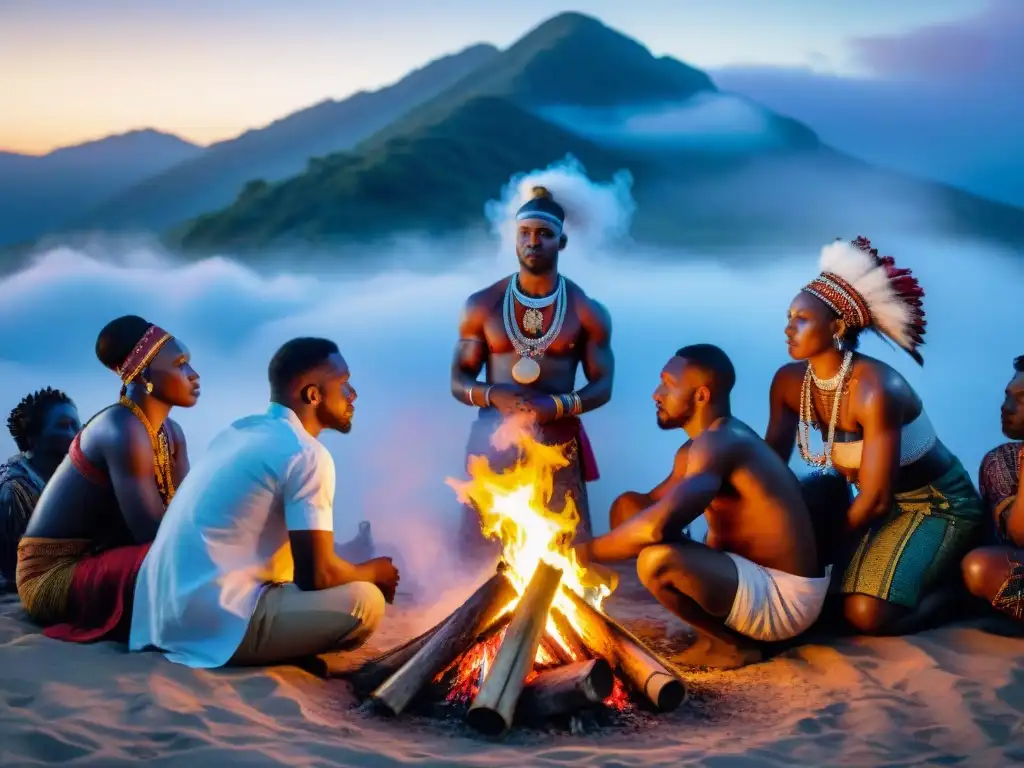 Un grupo diverso de curanderos africanos se reúnen alrededor de una fogata al anochecer, en un ritual de sanación