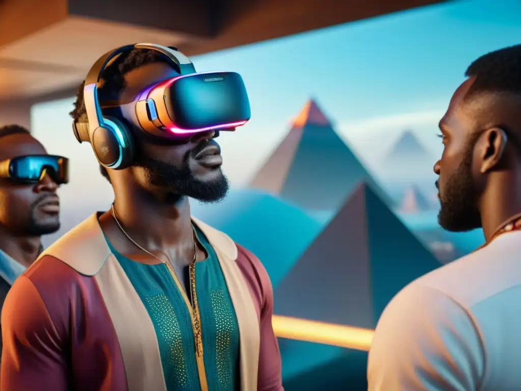 Un grupo diverso de desarrolladores de videojuegos africanos y narradores se maravillan con una experiencia inmersiva de alta tecnología en torno a un visor de realidad virtual inspirado en la arquitectura y cultura africana, fusionando narrativas tradicionales con tecnología de vanguardia