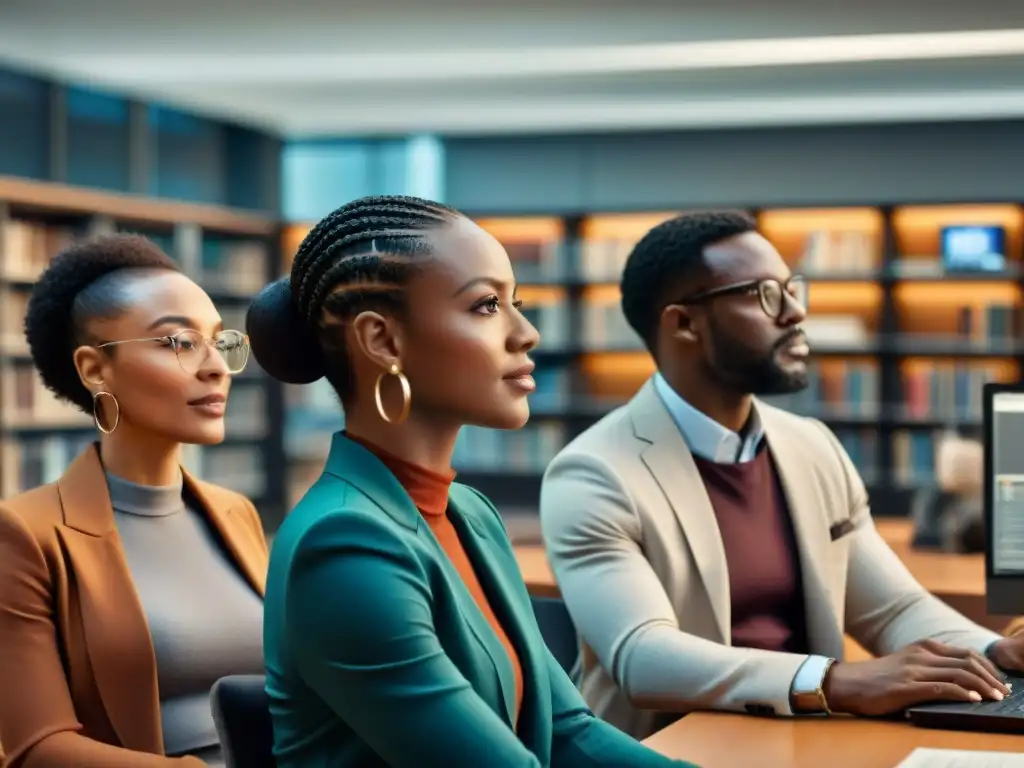 Un grupo diverso de la diáspora africana colabora en una redacción de medios, representando la creatividad y la representación