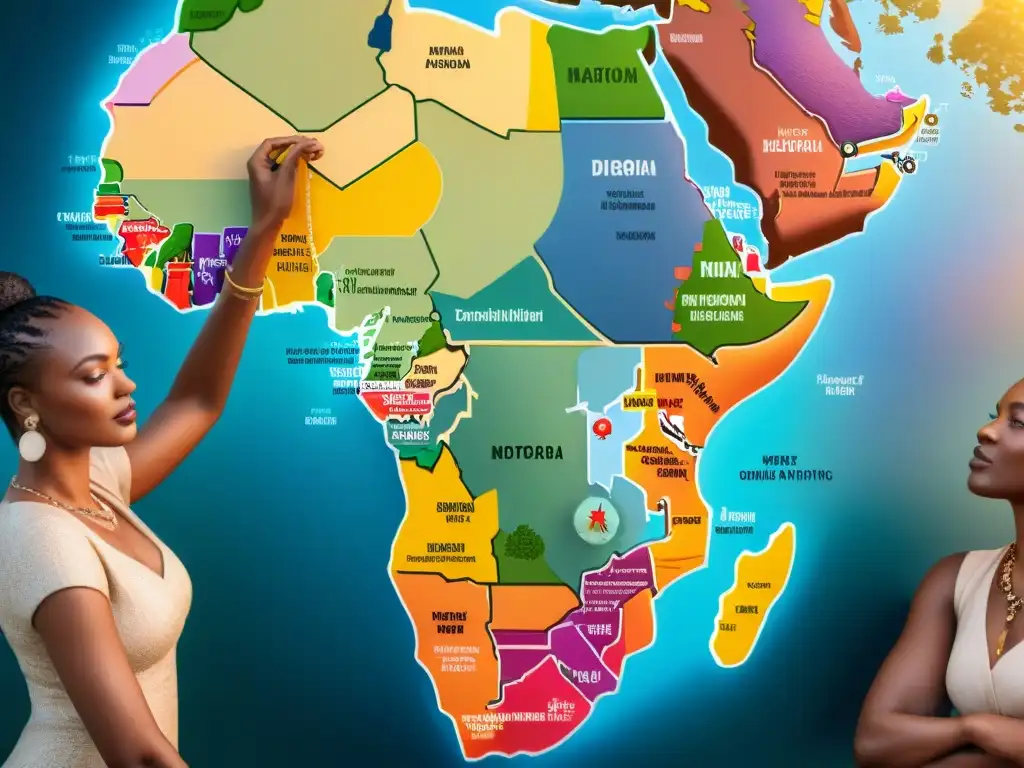 Un grupo diverso de la diáspora africana, generaciones y culturas, se reúne alrededor de un mapa vibrante