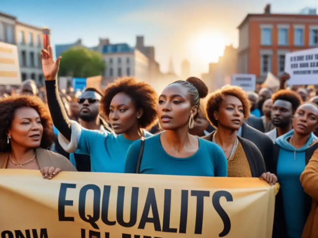 Protesta por los derechos humanos: diversidad y unidad Grupo diverso de la diáspora africana en protesta pacífica por derechos humanos en la ciudad, mostrando determinación y esperanza