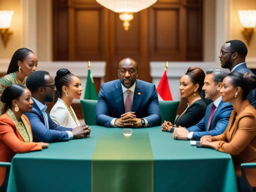 Un grupo diverso de la diáspora africana en intensa discusión política internacional en un edificio gubernamental ornado