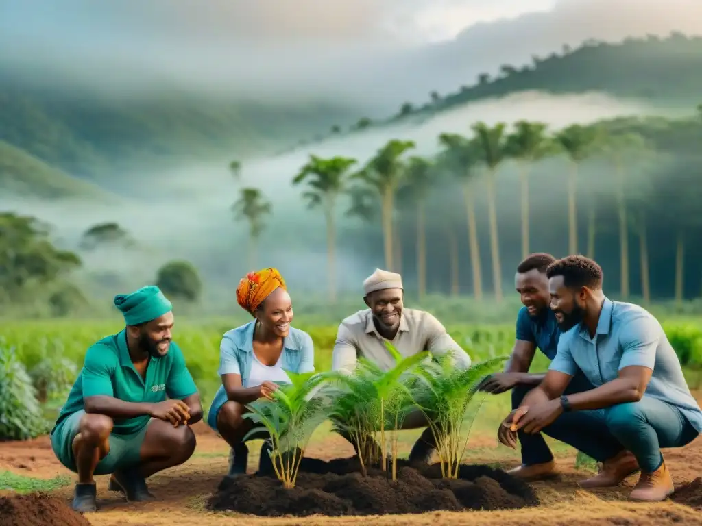 Un grupo diverso de la diáspora africana plantando árboles juntos, unidos en soluciones frente al cambio climático