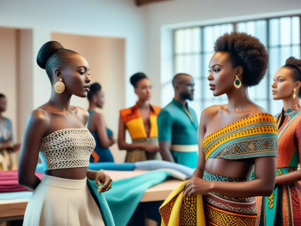 Grupo diverso de diseñadores de moda africana crean colección, fusionando tradición e innovación en estudio vibrante