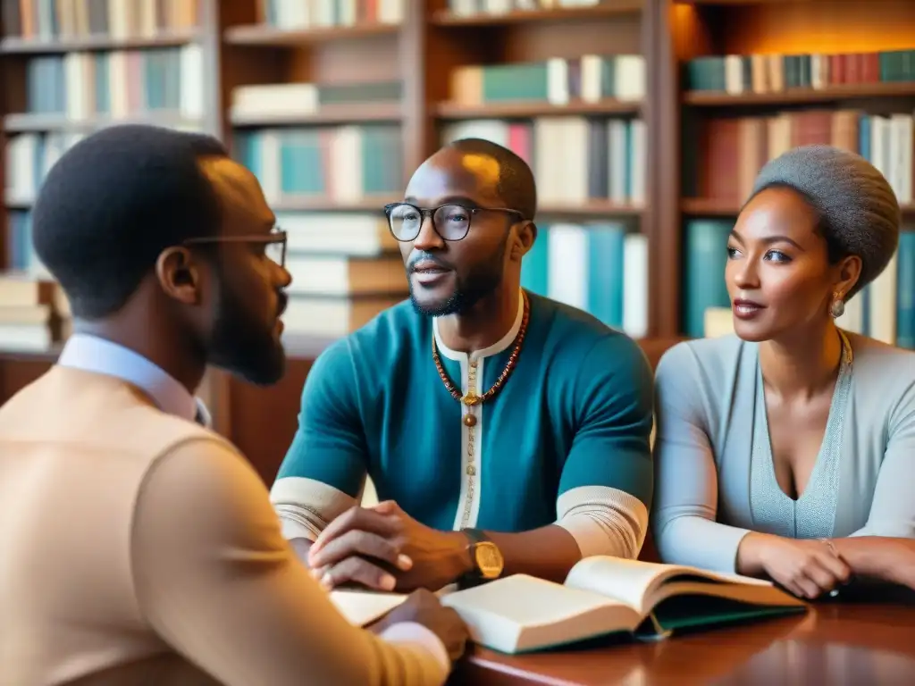 Un grupo diverso de eruditos africanos discute apasionadamente rodeado de libros sobre literatura europea y asiática en África