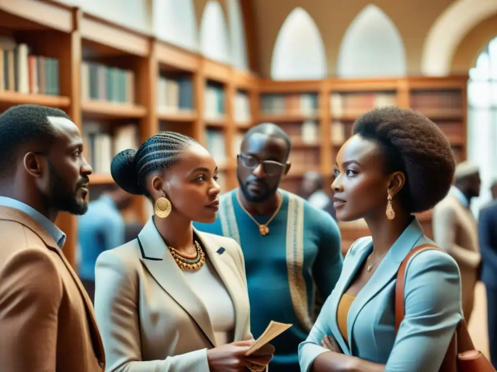 Un grupo diverso de eruditos africanos discuten historia civilizaciones africanas influencia global en sala conferencias llena de libros y artefactos