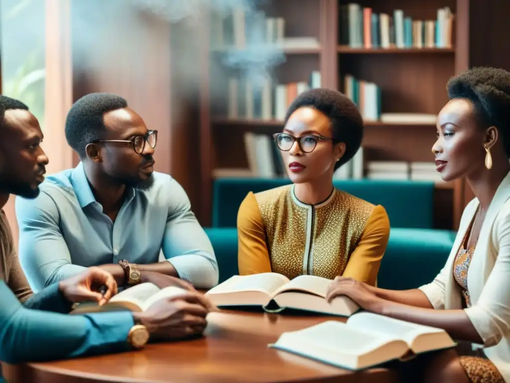 Un grupo diverso de escritores africanos contemporáneos colaborando en una sala llena de libros y papeles