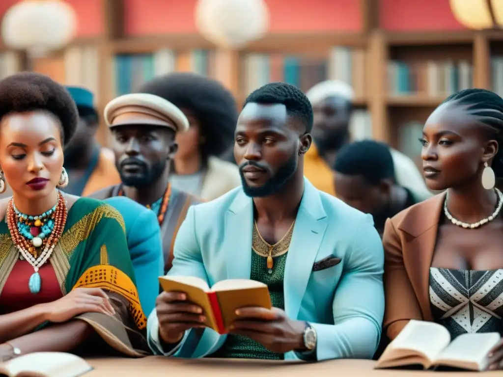 Un grupo diverso de escritores africanos en un festival literario, inmersos en sus escrituras