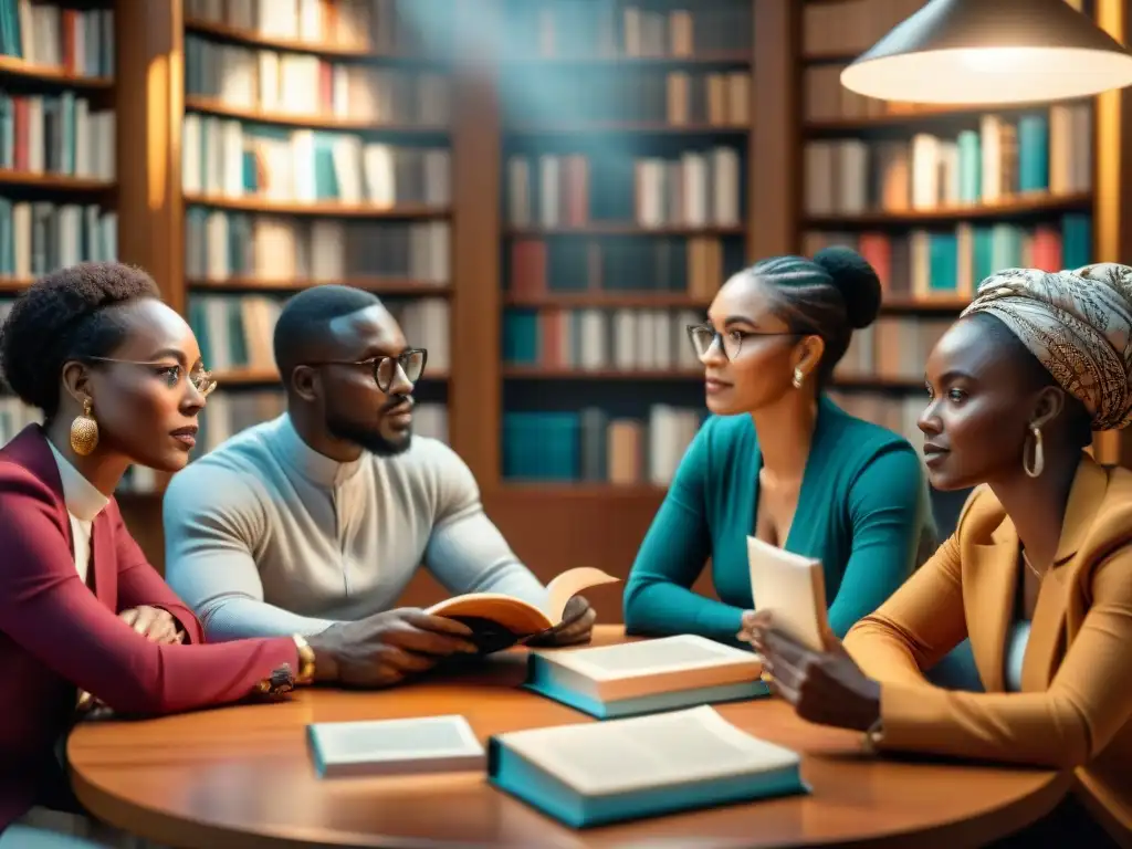 Un grupo diverso de escritores africanos discuten en una mesa redonda rodeados de libros y premios literarios