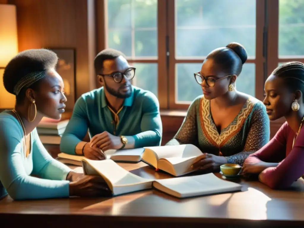 Grupo diverso de escritores africanos reunidos alrededor de una mesa, debatiendo animadamente bajo la luz del sol