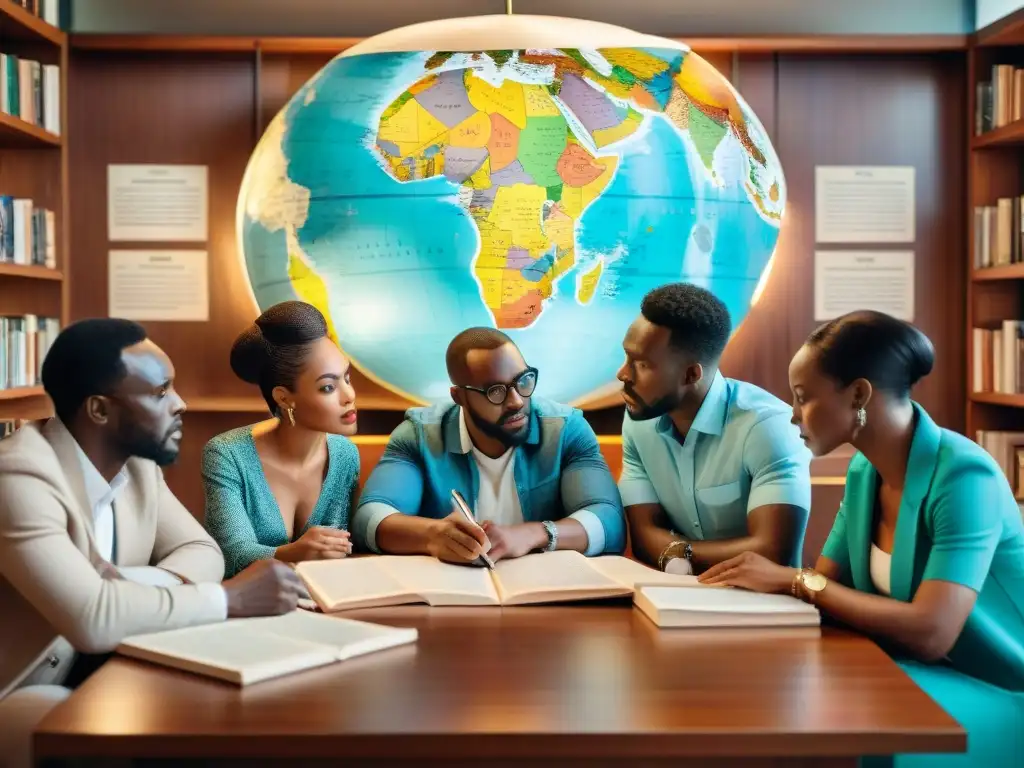 Un grupo diverso de escritores africanos colabora en una mesa llena de papeles y plumas, reflejando la influencia global de la literatura africana