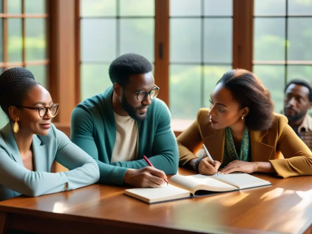 Un grupo diverso de escritores de la diáspora africana colabora en una mesa llena de libretas y café