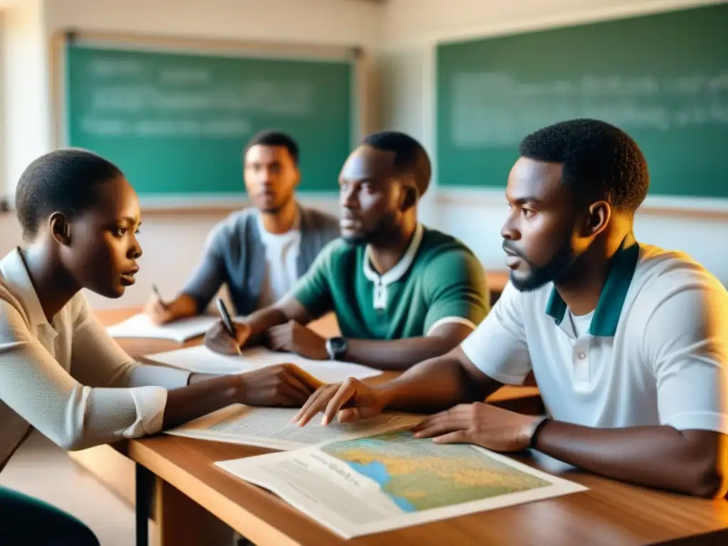 Grupo diverso de estudiantes africanos inmersos en debate apasionado sobre historia política africana en aula