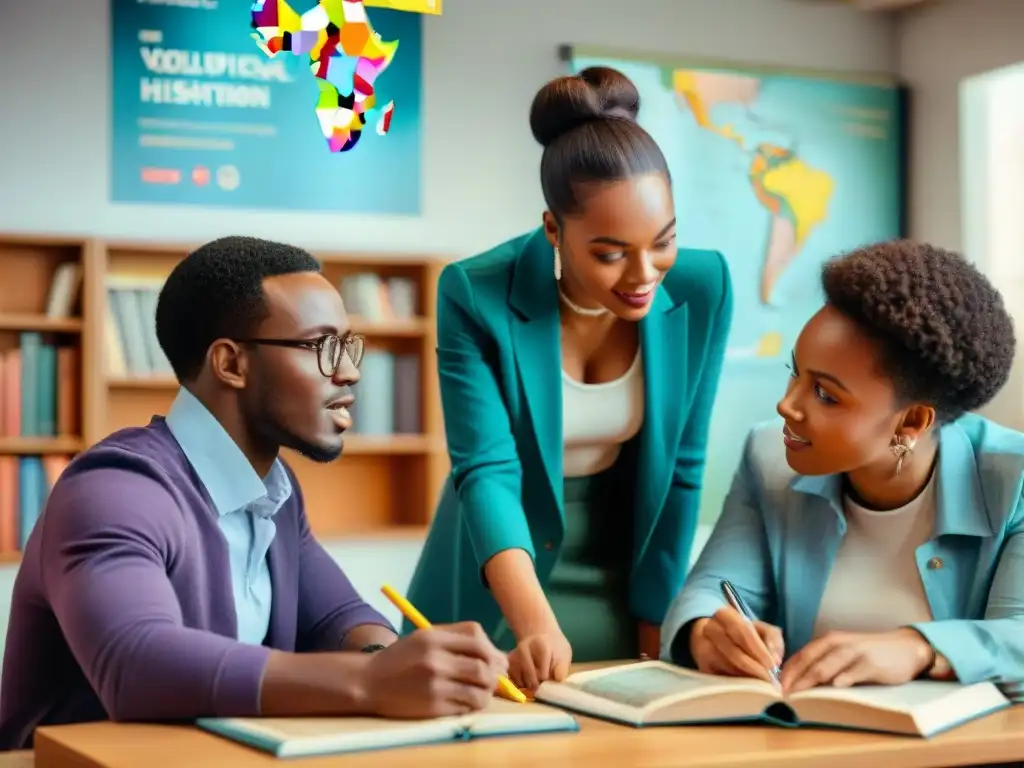 Grupo diverso de estudiantes africanos debatiendo animadamente sobre historia política africana en aula colorida y llena de materiales educativos