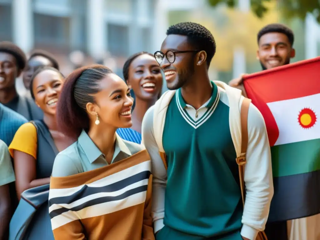 Grupo diverso de estudiantes africanos participando en un intercambio cultural en el campus universitario