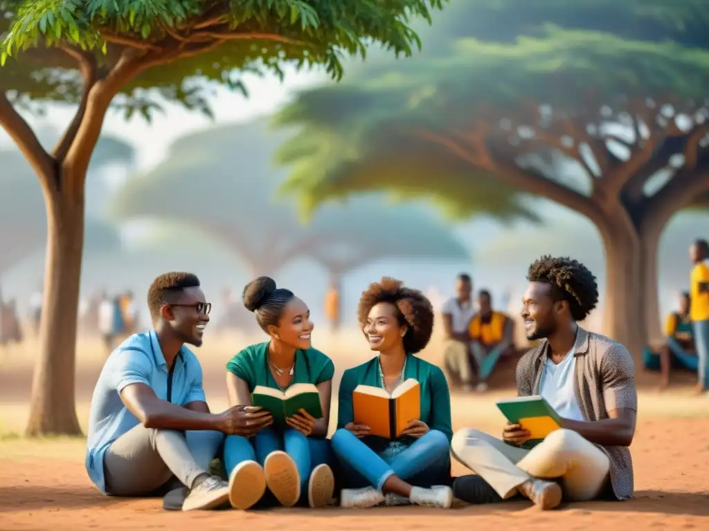 Grupo diverso de estudiantes africanos debatiendo bajo un árbol, representando los desafíos en educación en África