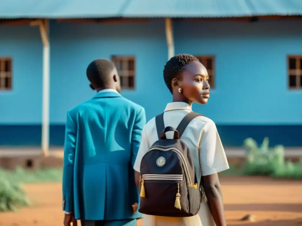 Un grupo diverso de estudiantes africanos camina hacia la escuela en una aldea rural, mostrando la educación en África, género y clase