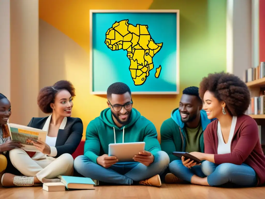 Un grupo diverso de estudiantes africanos usando apps educativas sobre tradiciones de reinos africanos, inmersos en aprendizaje y celebración cultural