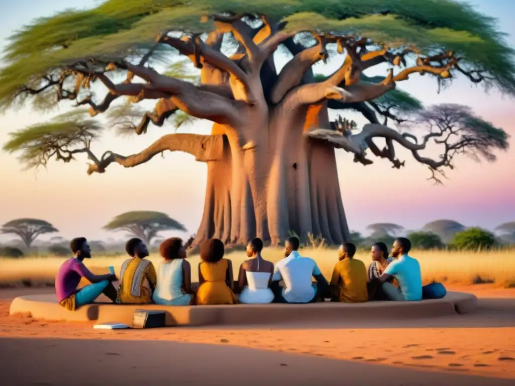 Un grupo diverso de estudiantes africanos debaten bajo un baobab en la savana