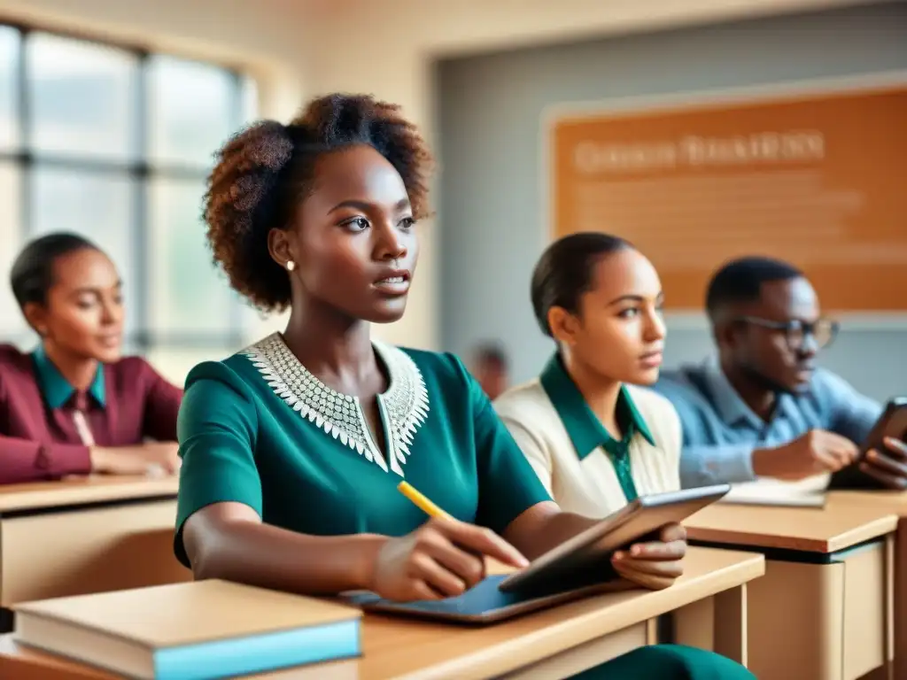 Grupo diverso de estudiantes africanos usando tecnología en un aula moderna, reflejando la inclusión de perspectivas africanas en la educación