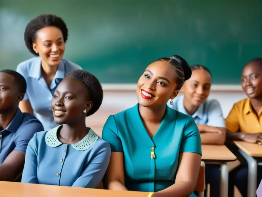 Un grupo diverso de estudiantes africanos con discapacidades recibe apoyo en un aula inclusiva en África