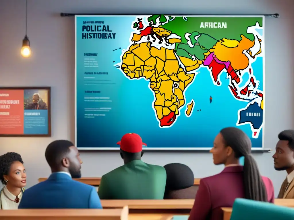 Grupo diverso de estudiantes africanos en aula, debatiendo sobre historia política africana