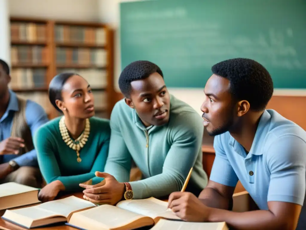 Grupo diverso de estudiantes africanos debatiendo animadamente sobre historia política africana rodeados de libros, mapas y artefactos en aula